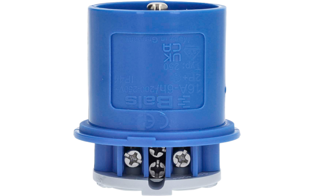 Blauer zylindrischer Kunststoffkörper mit drei sichtbaren Metallschrauben in runden Öffnungen, eingeprägtem Text an der Seite und grauem Bodenring