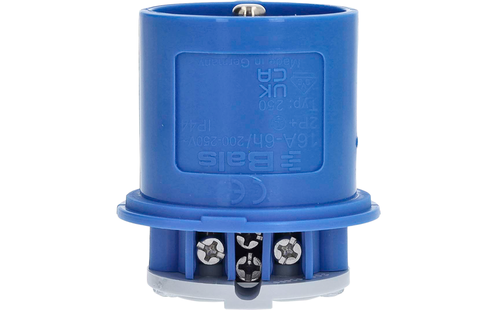 Blauer zylindrischer Kunststoffkörper mit drei sichtbaren Metallschrauben in runden Öffnungen, eingeprägtem Text an der Seite und grauem Bodenring