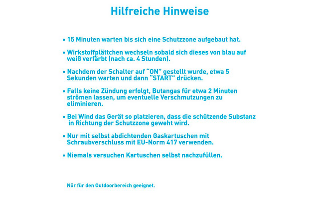 Blauer Titel 'Hilfreiche Hinweise' oben, darunter mehrere blaue Aufzählungspunkte mit deutschem Text auf weißem Hintergrund; unten kleiner blauer Text 'Nur für den Outdoorbereich geeignet.'