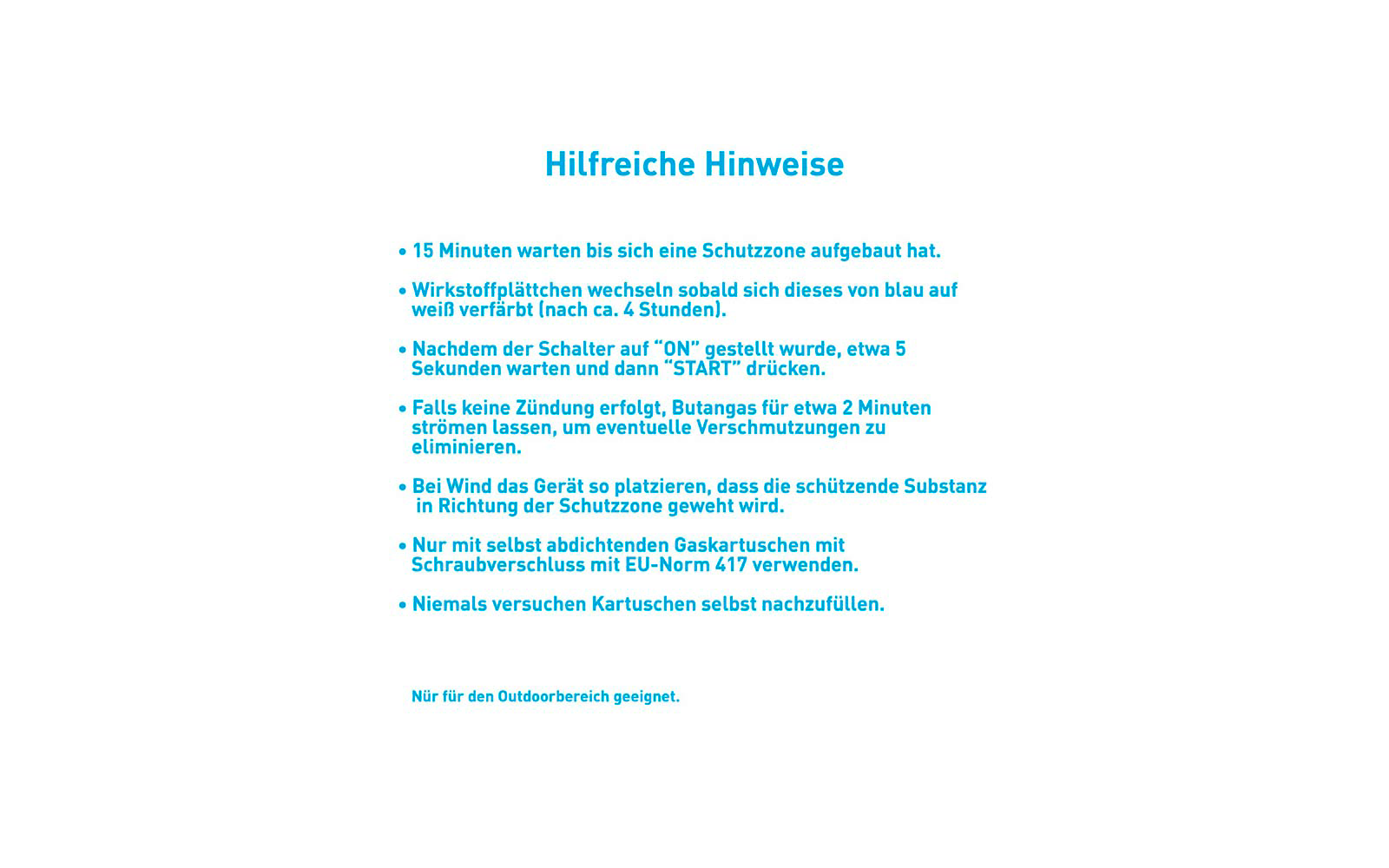 Blauer Titel 'Hilfreiche Hinweise' oben, darunter mehrere blaue Aufzählungspunkte mit deutschem Text auf weißem Hintergrund; unten kleiner blauer Text 'Nur für den Outdoorbereich geeignet.'