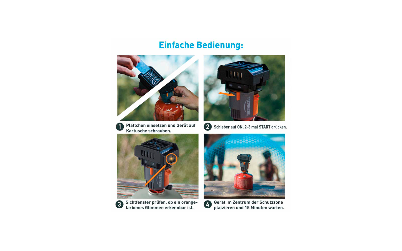 Vier Fotos unter der Überschrift 'Einfache Bedienung:'. Foto 1: Hände setzen ein kleines schwarzes Quadrat in ein schwarzes Gerät auf einer orangefarbenen Kartusche ein. Foto 2: schwarzes Gerät auf orangefarbener Kartusche mit orangefarbenem Pfeil an