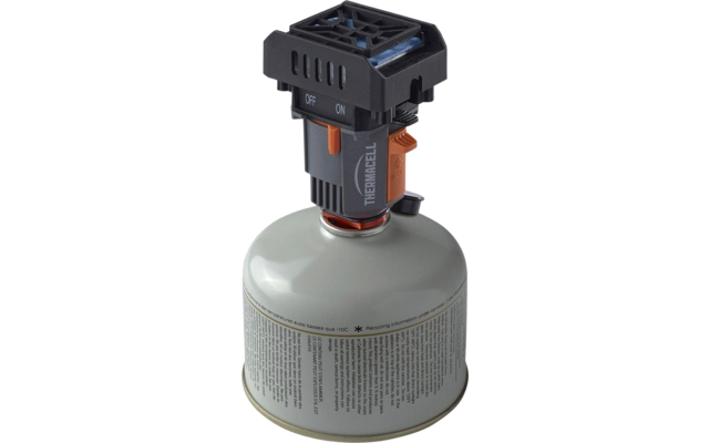 Metallischer zylindrischer Behälter mit aufgeschraubtem grauem Aufsatz, sichtbaren Lüftungsschlitzen und orangefarbenem Hebel