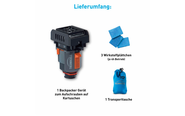 Blauer Titel 'Lieferumfang:', links ein schwarzes/graues Gerät mit orangem Schalter und Aufschrift 'THERMICELL', rechts oben drei blaue quadratische Plättchen, rechts unten eine blaue Transporttasche mit Kordel und Aufschrift 'THERMICELL'