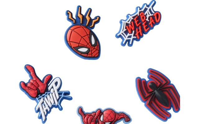 Cinq autocollants colorés sur fond noir : masque rouge et bleu avec motif de toile, texte bleu 'WEB HEAD' sur une toile blanche, emblème araignée rouge, figure rouge et bleue accroupie avec main tendue, texte 'THWIP' à côté d'un geste de la main