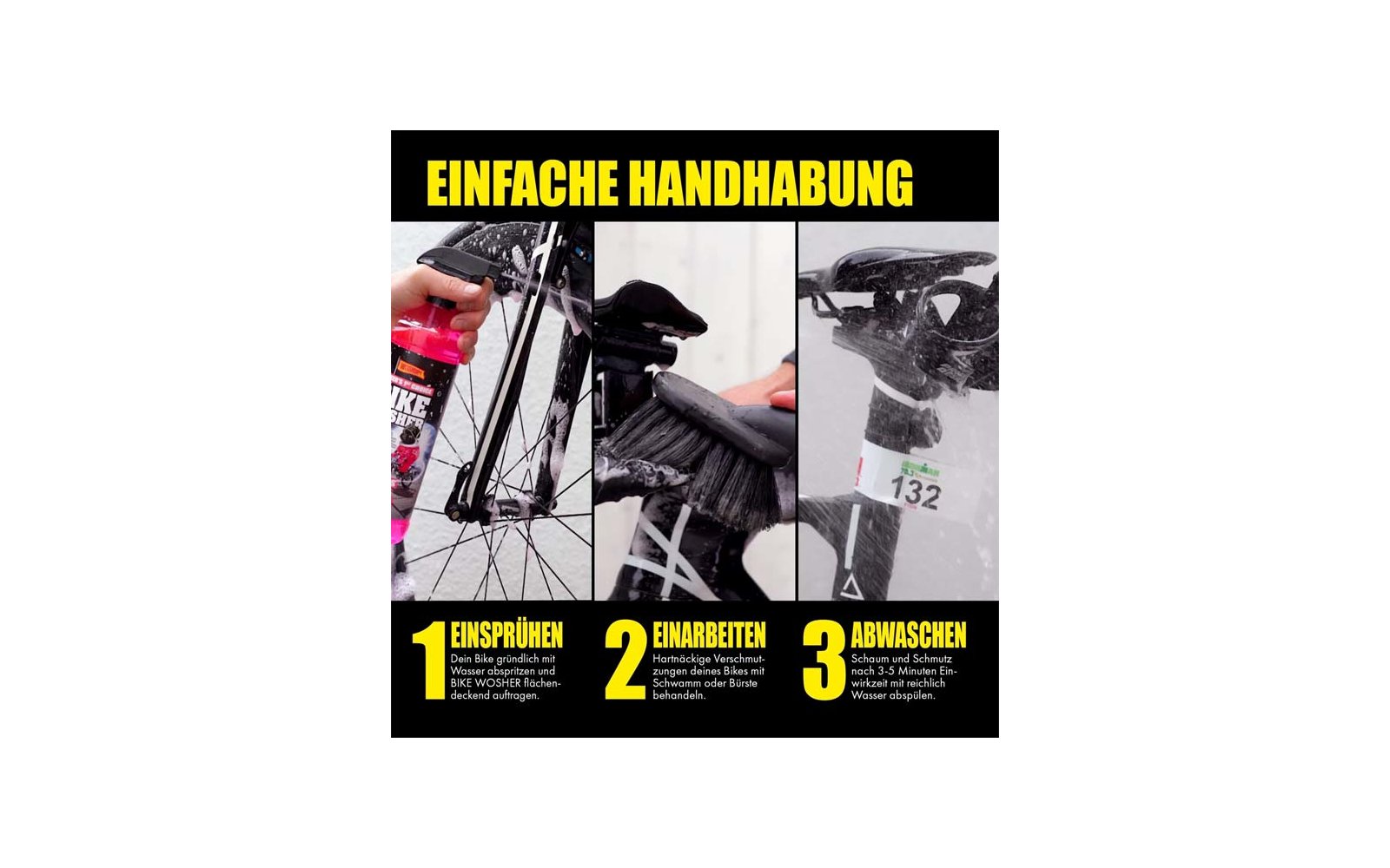Eine Hand sprüht Schmieröl auf die Kette eines Fahrrads mit Werkzeug und Helm im Hintergrund