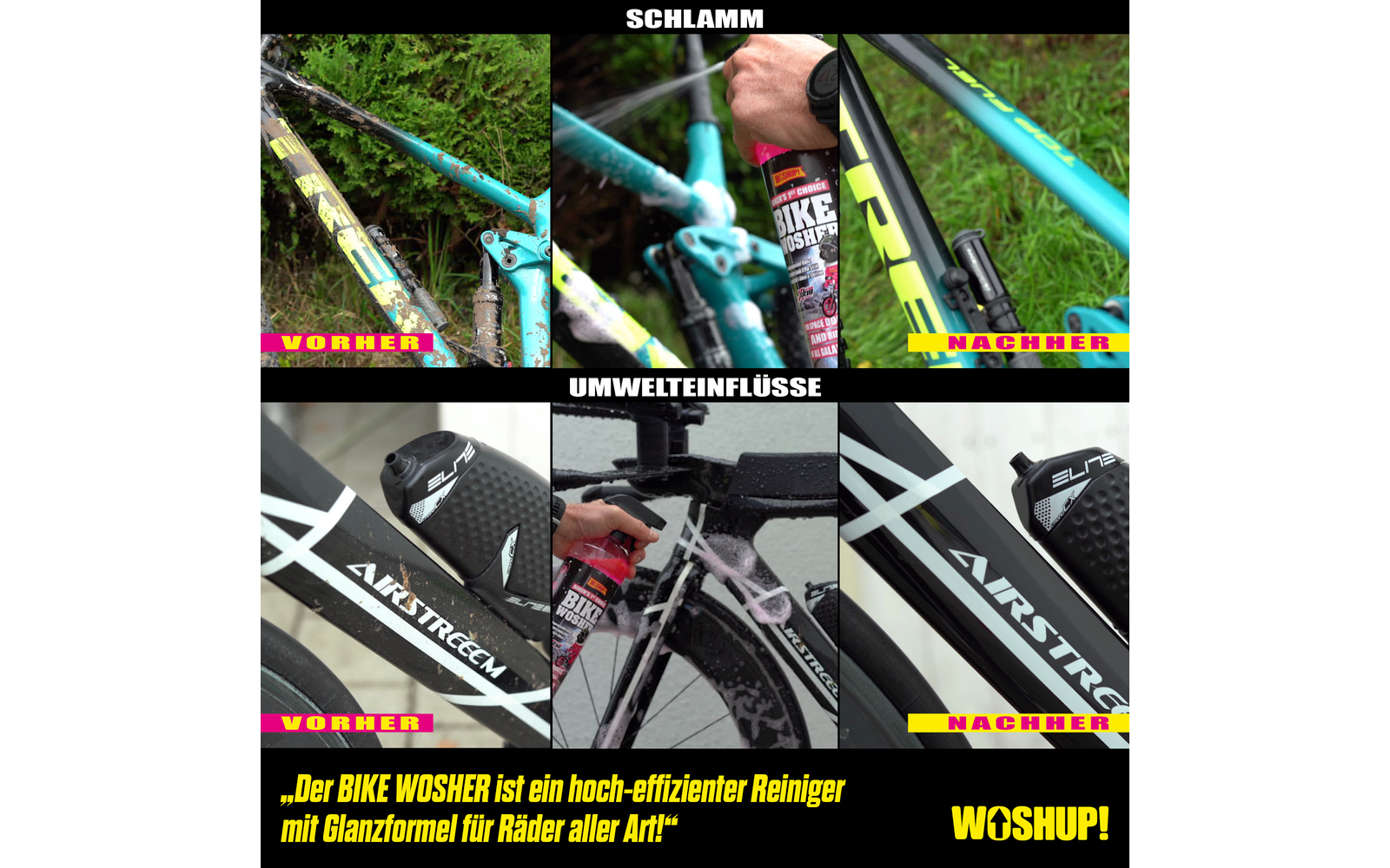 Stereo Mountainbike mit blau-grünem Rahmen in einem Wald, Nahaufnahme von Rahmen und Lenker mit Aufschrift
