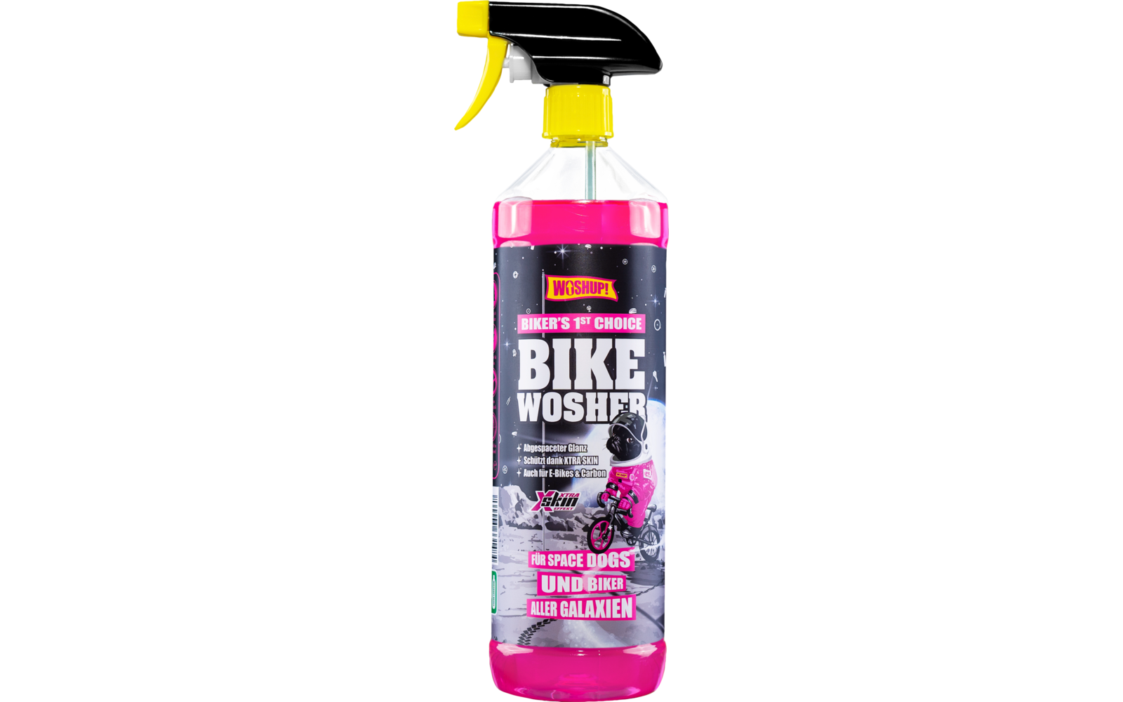 Flasche mit pinker Flüssigkeit und Aufschrift ‚Bike Washer‘, darauf ein Sprühaufsatz