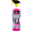 Flasche mit pinker Flüssigkeit und Aufschrift ‚Bike Washer‘, darauf ein Sprühaufsatz