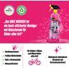 Sprühflasche mit pinkem Reinigungsmittel vor pinkem Hintergrund, Text und Icons, die Anwendung und Inhaltsstoffe beschreiben