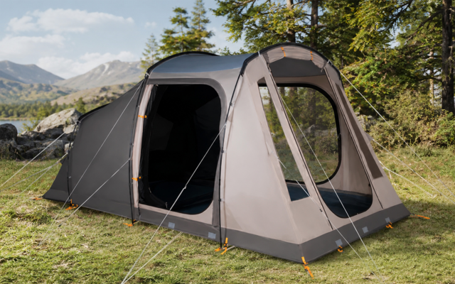 Grijze tent op gras met twee open ingangen, scheerlijnen, bomen en bergen op de achtergrond