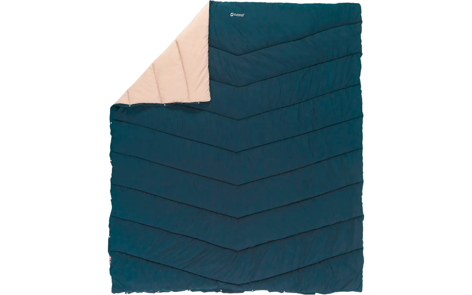 Donkerblauwe slaapzak met lichtbeige binnenkant, licht geopend