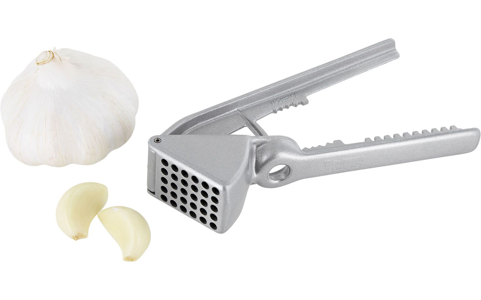 Metalen knoflookpers naast een hele knoflookbol en twee geschilde tenen op witte achtergrond
