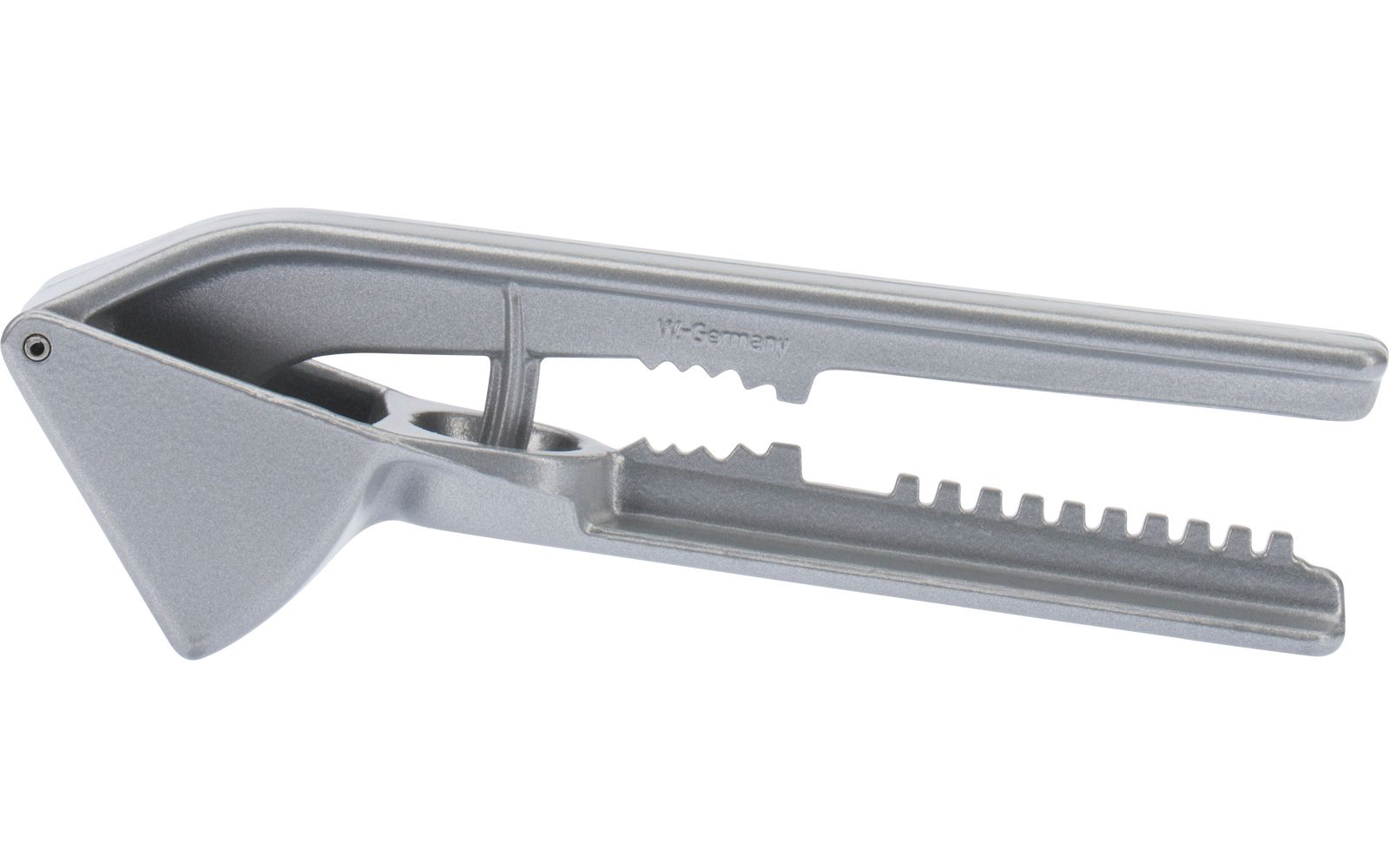 Zilverkleurig metalen object met twee lange grepen, scharnier voor, getande binnenvlakken, driehoekige voorkop