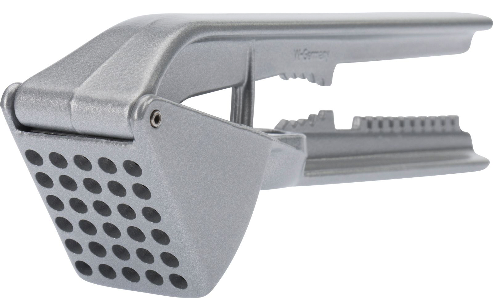 Zilveren metalen knoflookpers, zijaanzicht met geperforeerde perskamer en hendel