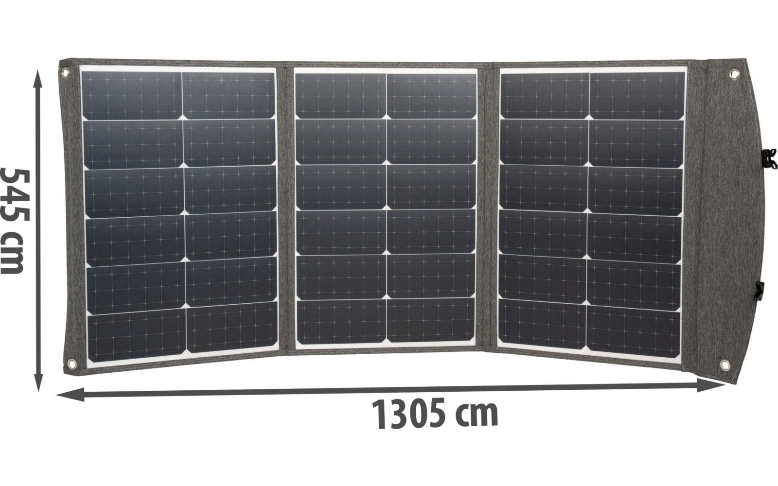 Dreiteiliges, faltbares Solarpanel in Schwarz mit Anschlüssen an den Seiten