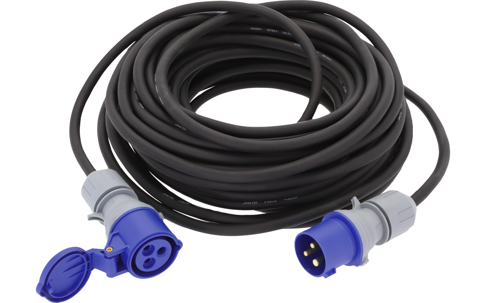 Aufgerolltes schwarzes Stromkabel mit blauen Steckverbindern und Schutzkappen