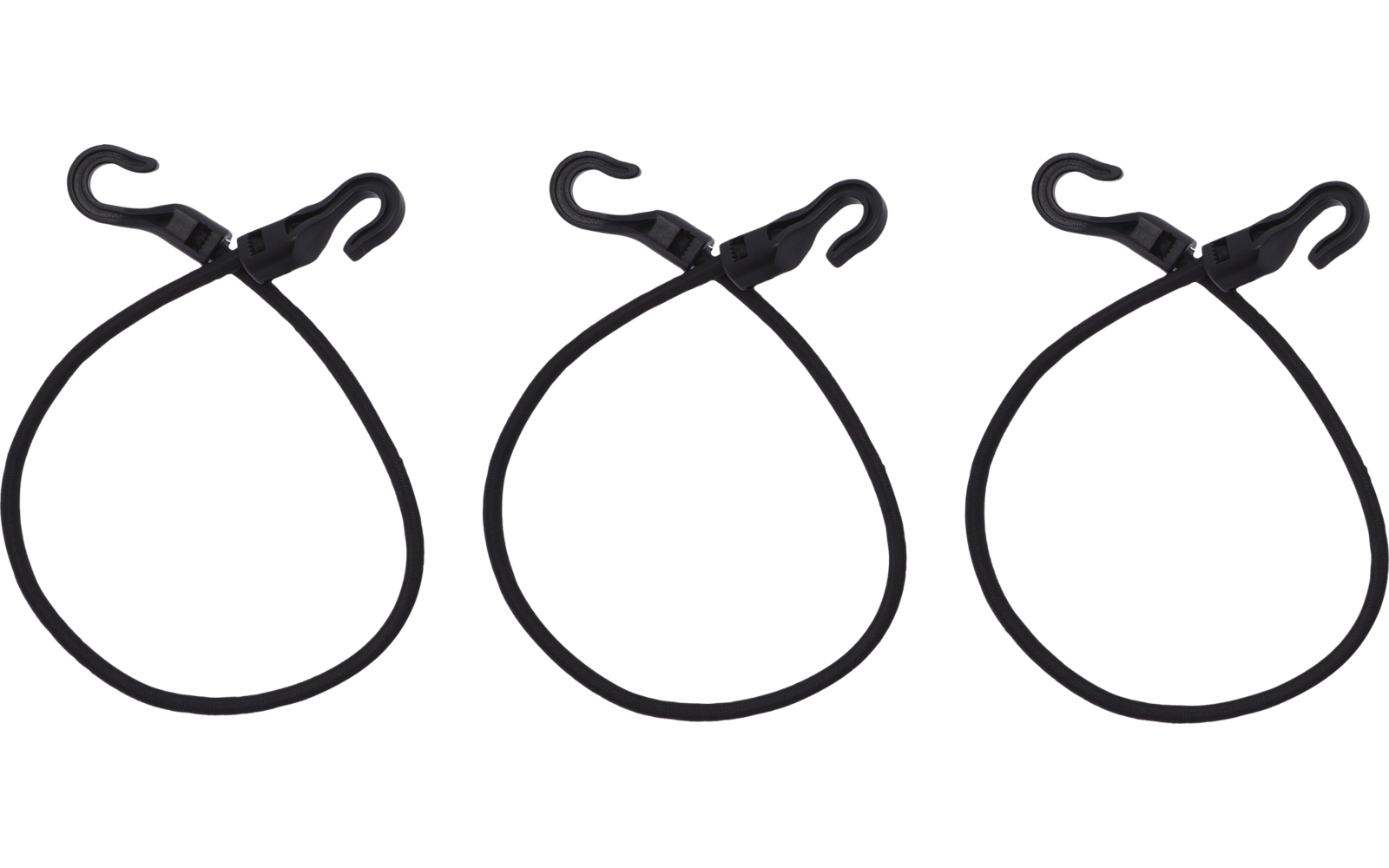 Tres cuerdas elásticas negras con ganchos una al lado de la otra sobre fondo blanco