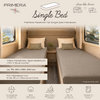 Interieur van een camper met twee eenpersoonsbedden met grijze hoeslakens, twee kussens per bed, houten nachtkastje met kleine plant, zijramen met gordijnen en buitenzicht, licht beige interieur