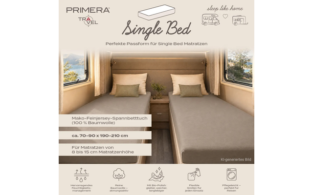 Interieur van een camper met twee eenpersoonsbedden met grijze hoeslakens, twee kussens per bed, houten nachtkastje met kleine plant, zijramen met gordijnen en buitenzicht, licht beige interieur