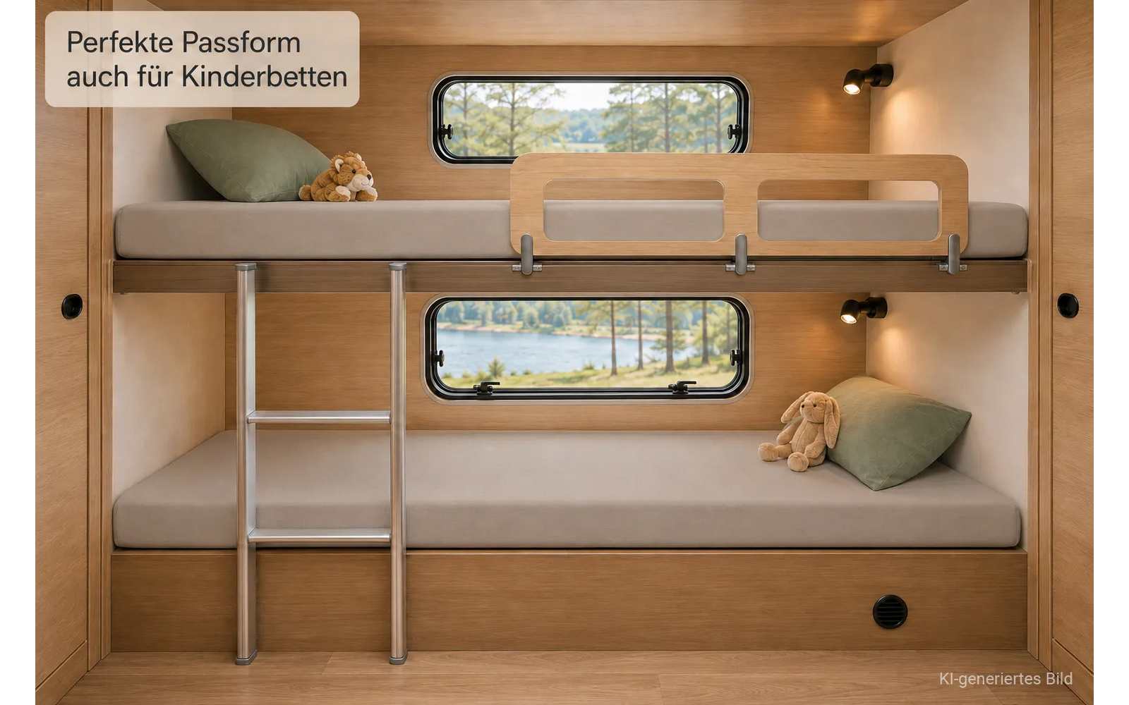 Twee stapelbedden met ladder in een houtgekleed interieur, twee ramen met uitzicht op een meer en bomen, kussens en knuffels, wandlampen, tekstoverlay "Perfekte Passform auch für Kinderbetten", aanduiding "KI-generiertes Bild" rechtsonder