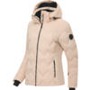 Helle rosa-beige gesteppte Kapuzenjacke mit schwarzem Mittelreißverschluss, zwei seitlichen Reißverschlusstaschen, rundem Patch am Oberarm und Zickzack-Steppnähten