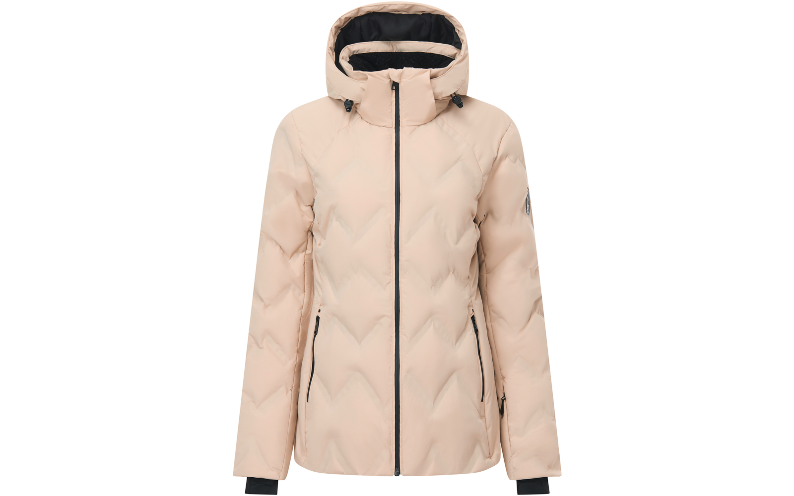 Hellbeige, gesteppte, gepolsterte Jacke mit Kapuze, durchgehendem Reißverschluss, schwarzem Innenfutter, zwei seitlichen Reißverschlusstaschen und Logo-Patch am linken Ärmel