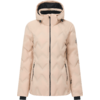 Hellbeige, gesteppte, gepolsterte Jacke mit Kapuze, durchgehendem Reißverschluss, schwarzem Innenfutter, zwei seitlichen Reißverschlusstaschen und Logo-Patch am linken Ärmel