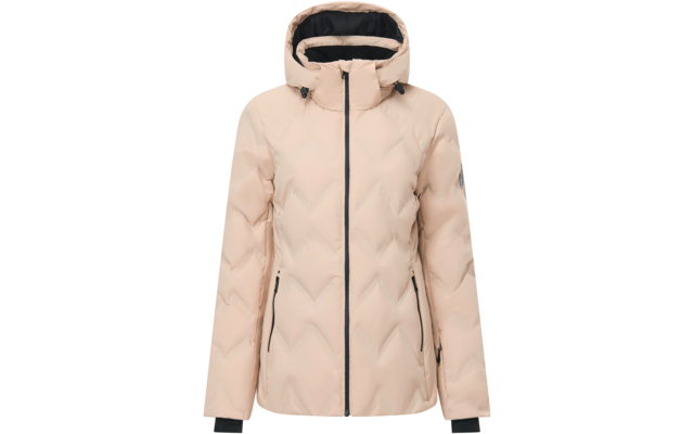 Hellbeige, gesteppte, gepolsterte Jacke mit Kapuze, durchgehendem Reißverschluss, schwarzem Innenfutter, zwei seitlichen Reißverschlusstaschen und Logo-Patch am linken Ärmel