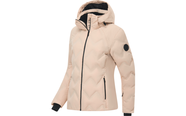 Helle rosa-beige gesteppte Kapuzenjacke mit schwarzem Mittelreißverschluss, zwei seitlichen Reißverschlusstaschen, rundem Patch am Oberarm und Zickzack-Steppnähten