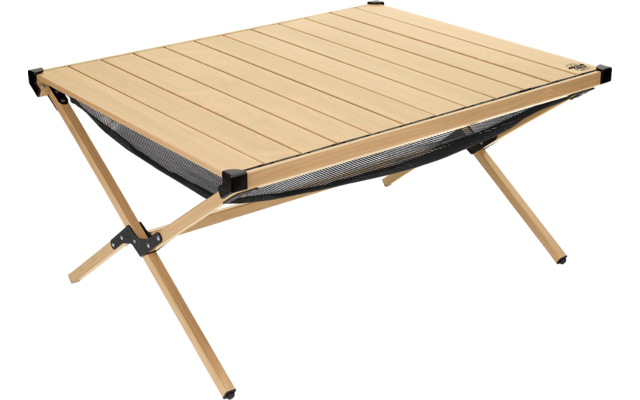 Wooden folding table with crossed legs on white background