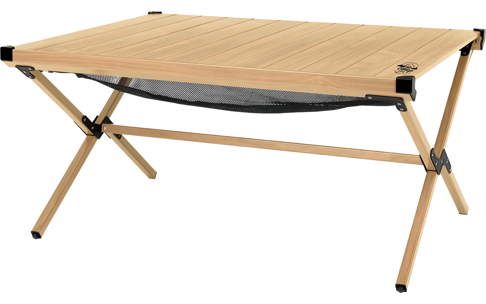 Folding wooden table with black mesh compartment underneath