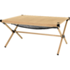Folding wooden table with black mesh compartment underneath