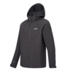 Schwarze Kapuzen-Softshelljacke mit durchgehendem Reißverschluss, zwei seitlichen Reißverschlusstaschen, langen Ärmeln mit Klettbündchen und kleinem Logo auf Brust und Ärmel