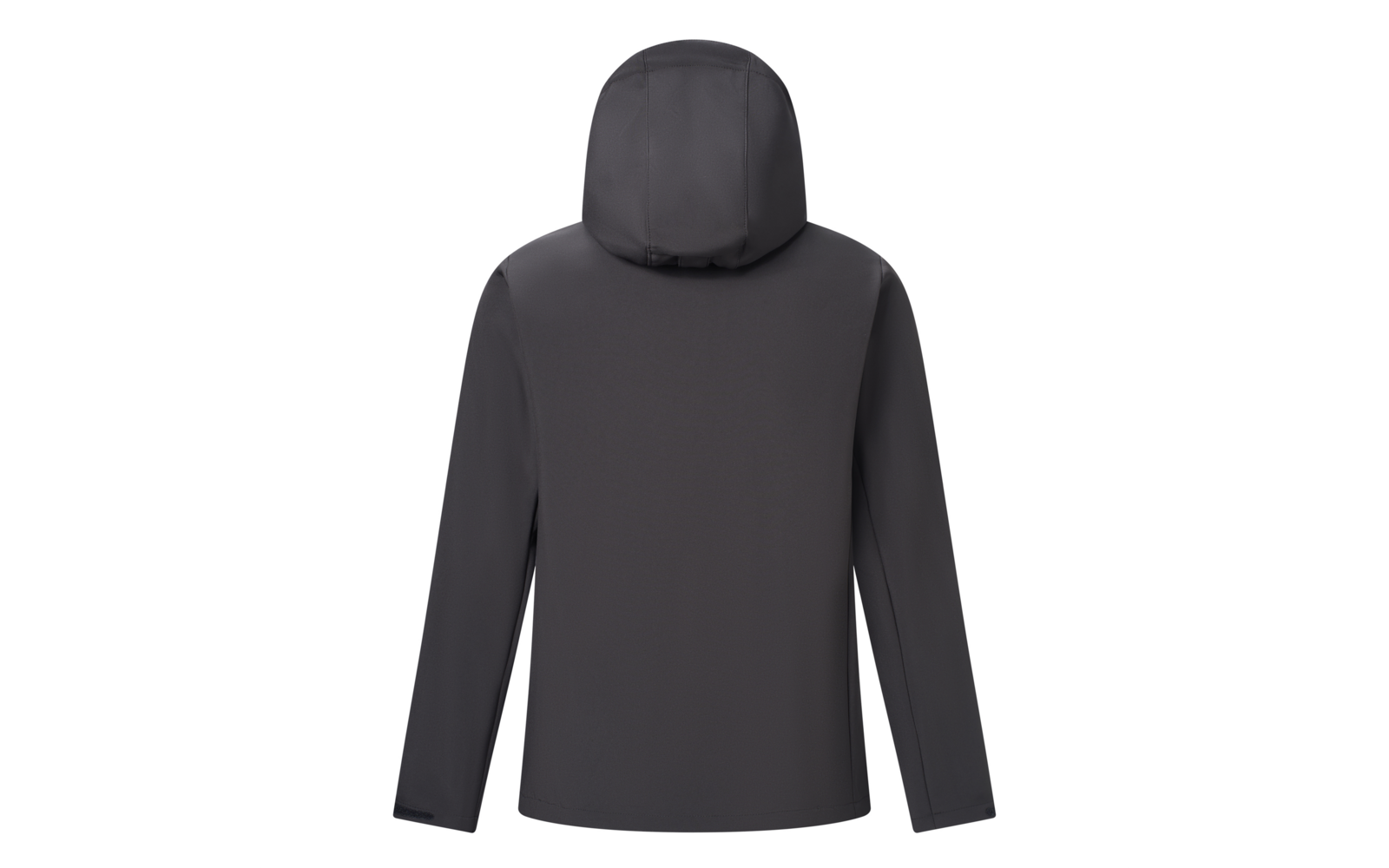 Dunkelgraue Jacke mit Kapuze, Rückenansicht, lange Ärmel, einfarbig, weißer Hintergrund