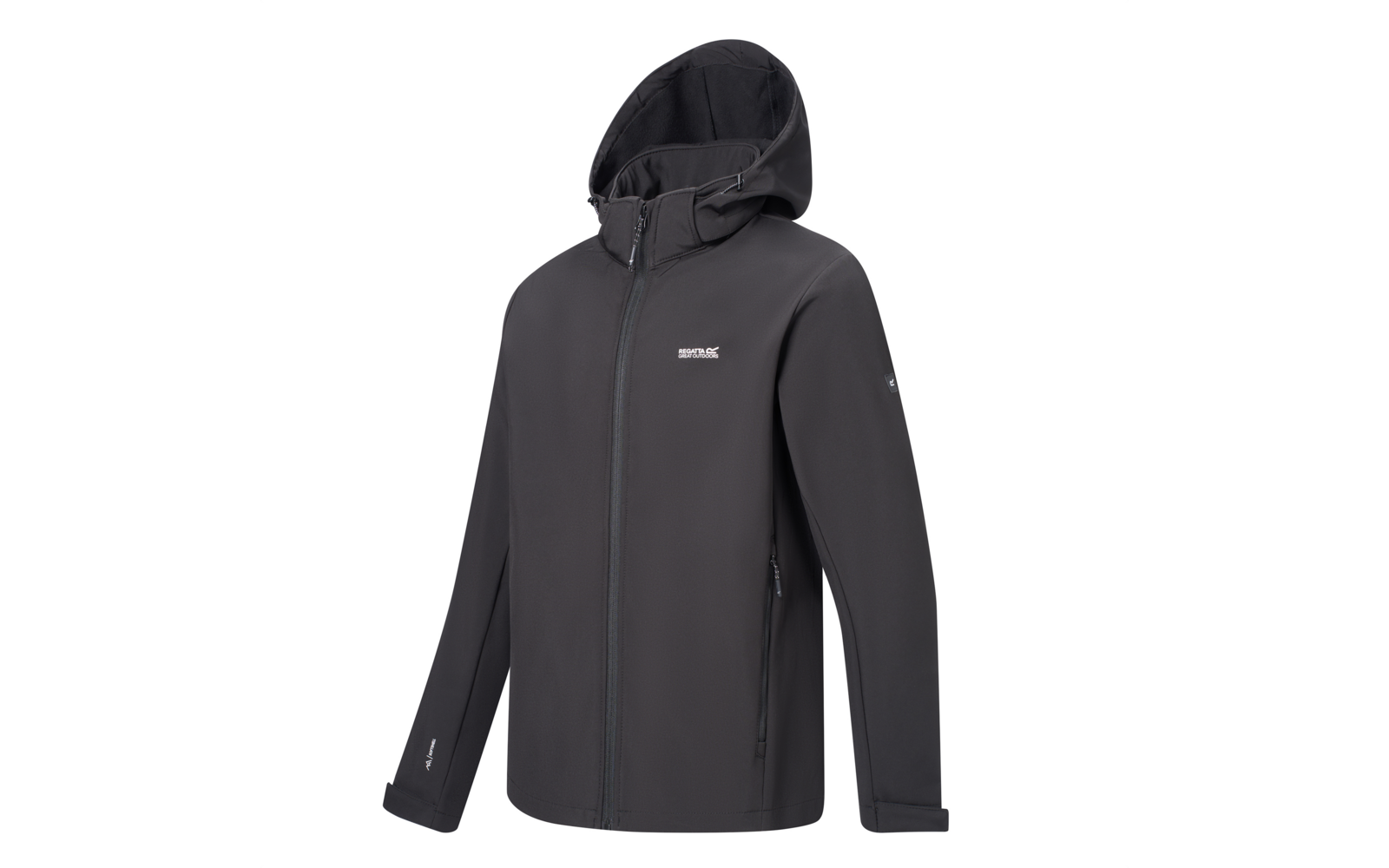 Schwarze Kapuzen-Softshelljacke mit durchgehendem Reißverschluss, zwei seitlichen Reißverschlusstaschen, langen Ärmeln mit Klettbündchen und kleinem Logo auf Brust und Ärmel