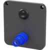 Dunkelgraues rechteckiges Panel mit abgerundeten Ecken, zwei oberen Befestigungsbohrungen, schwarzem Knopf mit 'ON'/'OFF' oben und blauem zylindrischem Anschluss unten