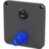Dark gray rectangular panel with rounded corners, two mounting holes at the top, a black button labeled 'ON'/'OFF' at the top and a blue cylindrical connector at the bottom