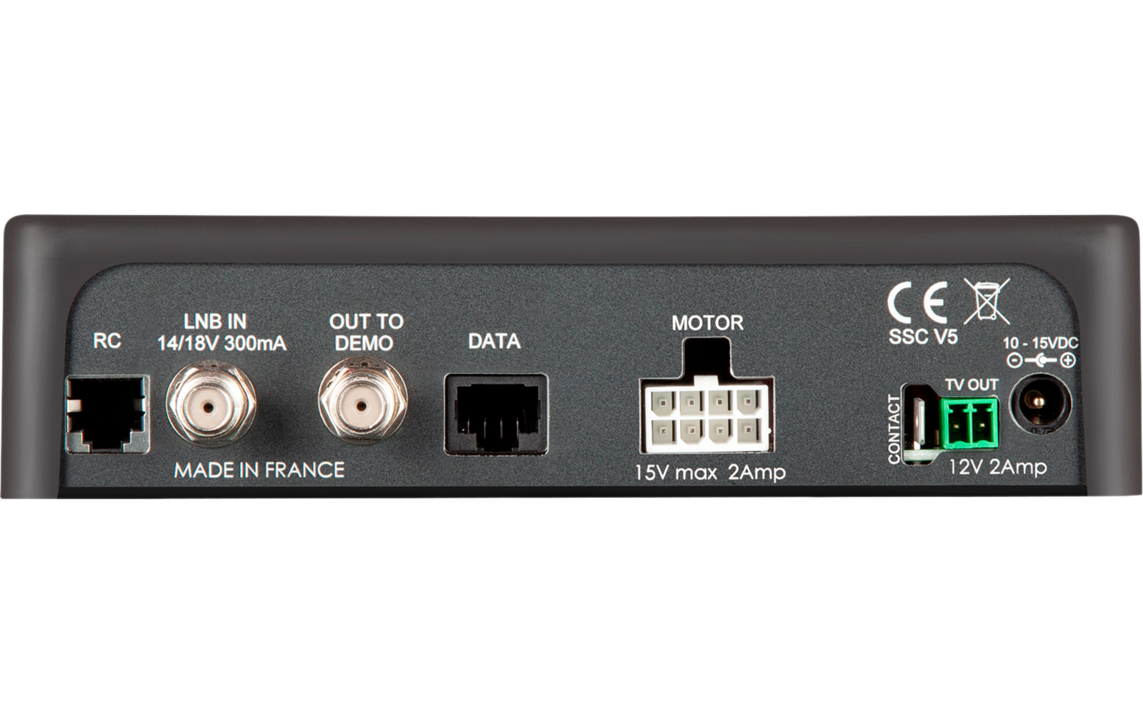 Graues Frontpanel mit mehreren Anschlüssen: links koaxiale Buchse beschriftet 'LNB IN' und '14V/18V 300mA', darunter 'MADE IN FRANCE'; daneben kleine rechteckige Buchse unter 'OUT TO MODEM'; daneben schwarze rechteckige Buchse unter 'DATA'; kleine sc