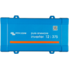 Blaues rechteckiges Gehäuse mit weißem Text 'pure sinewave inverter 12 | 375', Victron Energy-Logo, orangefarbene horizontale Leiste und kleiner QR-Code