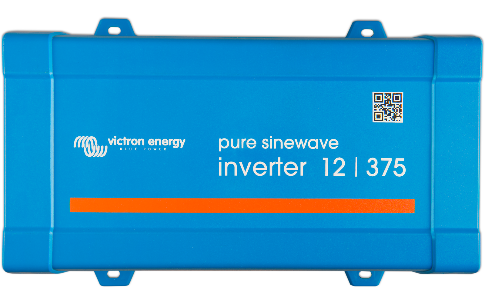 Blaues rechteckiges Gehäuse mit weißem Text 'pure sinewave inverter 12 | 375', Victron Energy-Logo, orangefarbene horizontale Leiste und kleiner QR-Code