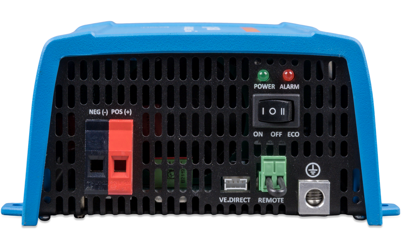 Blaues Gehäuse mit schwarzem Lüftungsgitter, links rote und schwarze Steckklemmen mit Beschriftung 'NEG (-) POS (+)', mittig grüne Anschlussklemme, rechts silberner Schraubkontakt, oberhalb zwei LEDs mit Beschriftungen 'POWER' und 'ALARM', daneben Sc