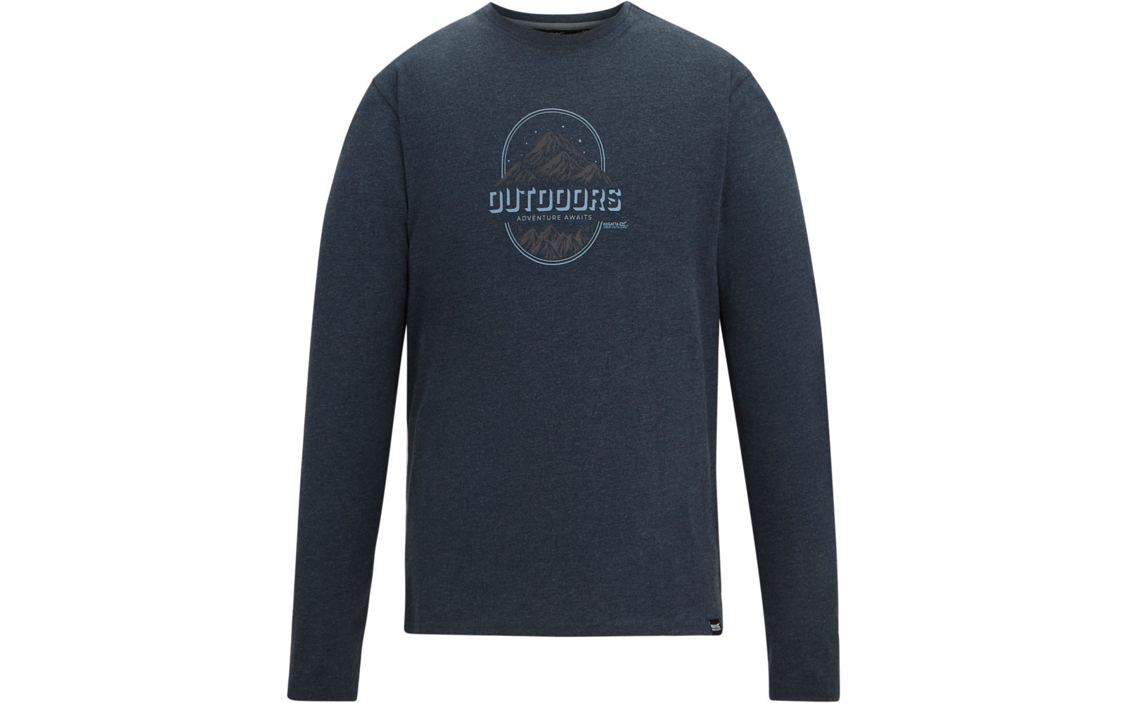 Donkerblauw shirt met lange mouwen en ronde hals, centrale ronde bergillustratie met de tekst "OUTDOORS", klein label bij de rechter zoom