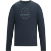 Donkerblauw shirt met lange mouwen en ronde hals, centrale ronde bergillustratie met de tekst "OUTDOORS", klein label bij de rechter zoom