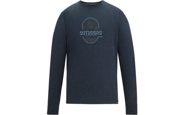 Donkerblauw shirt met lange mouwen en ronde hals, centrale ronde bergillustratie met de tekst "OUTDOORS", klein label bij de rechter zoom