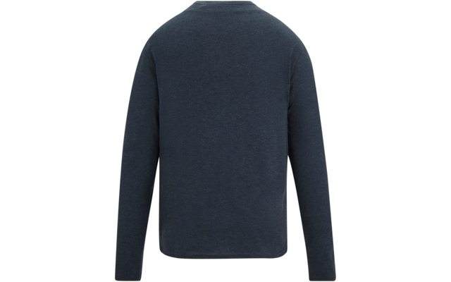 Achteraanzicht van een donkerblauw sweatshirt met lange mouwen en ronde hals op witte achtergrond, effen zonder patroon of logo