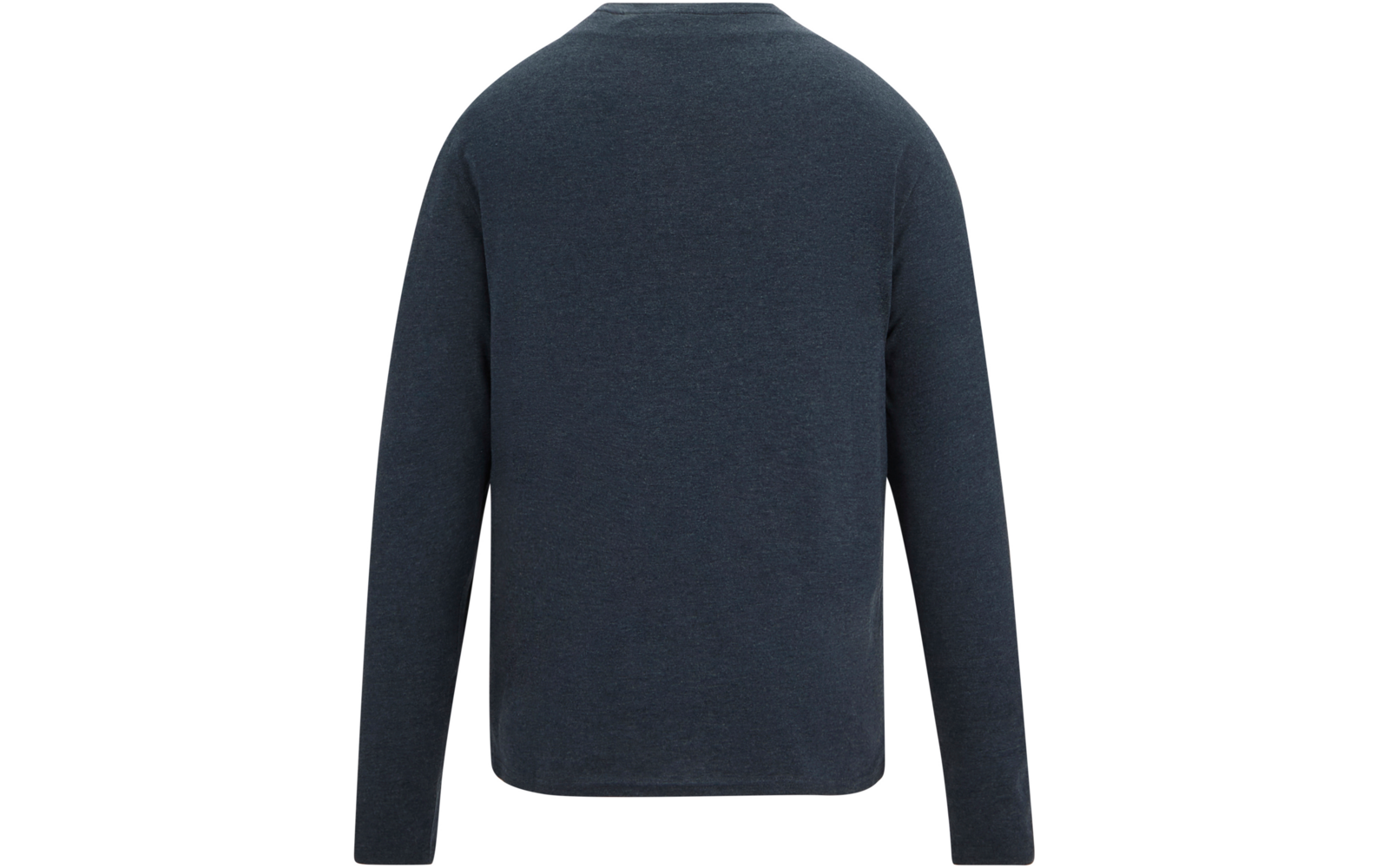 Achteraanzicht van een donkerblauw sweatshirt met lange mouwen en ronde hals op witte achtergrond, effen zonder patroon of logo