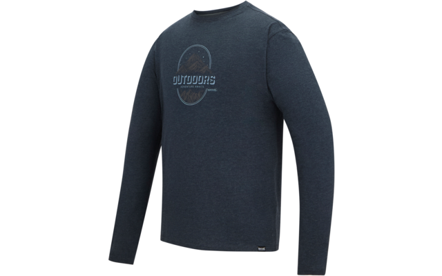 Donkerblauw shirt met lange mouwen, ronde hals en cirkelvormige borstprint met de tekst "OUTDOORS" en bergillustratie op witte achtergrond