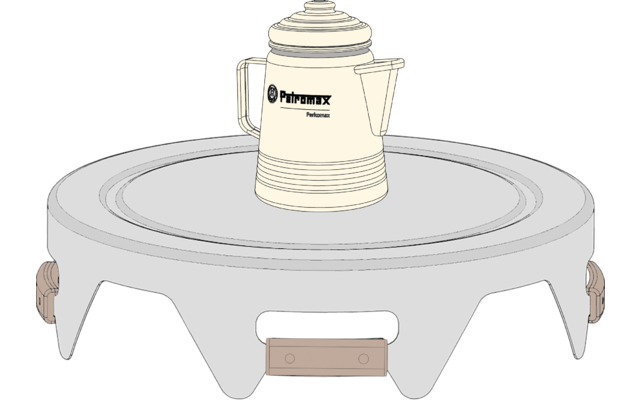 Runder grauer Metallständer mit drei kurzen Beinen, darauf eine helle Kaffeekanne mit Griff und Ausguss