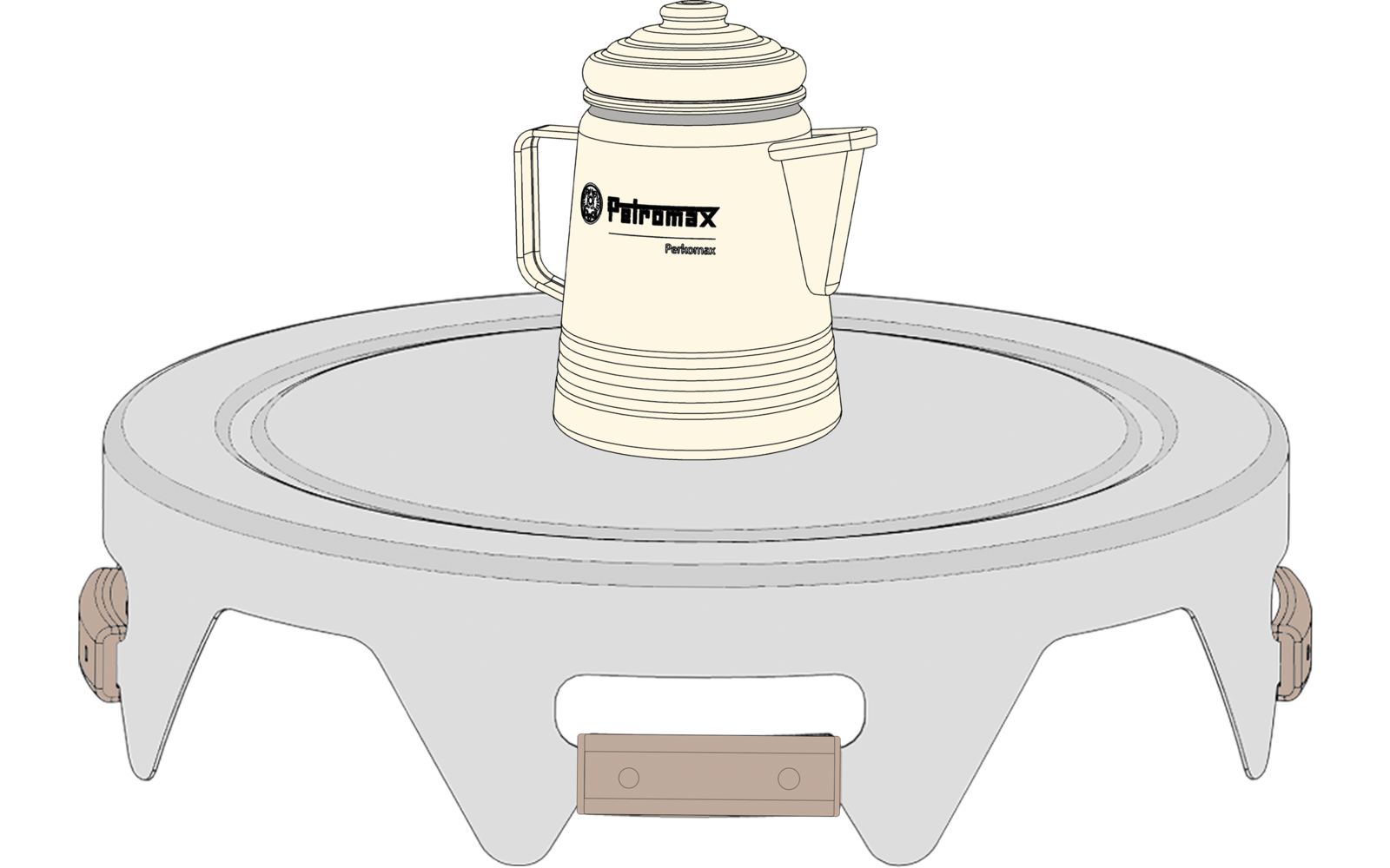 Runder grauer Metallständer mit drei kurzen Beinen, darauf eine helle Kaffeekanne mit Griff und Ausguss