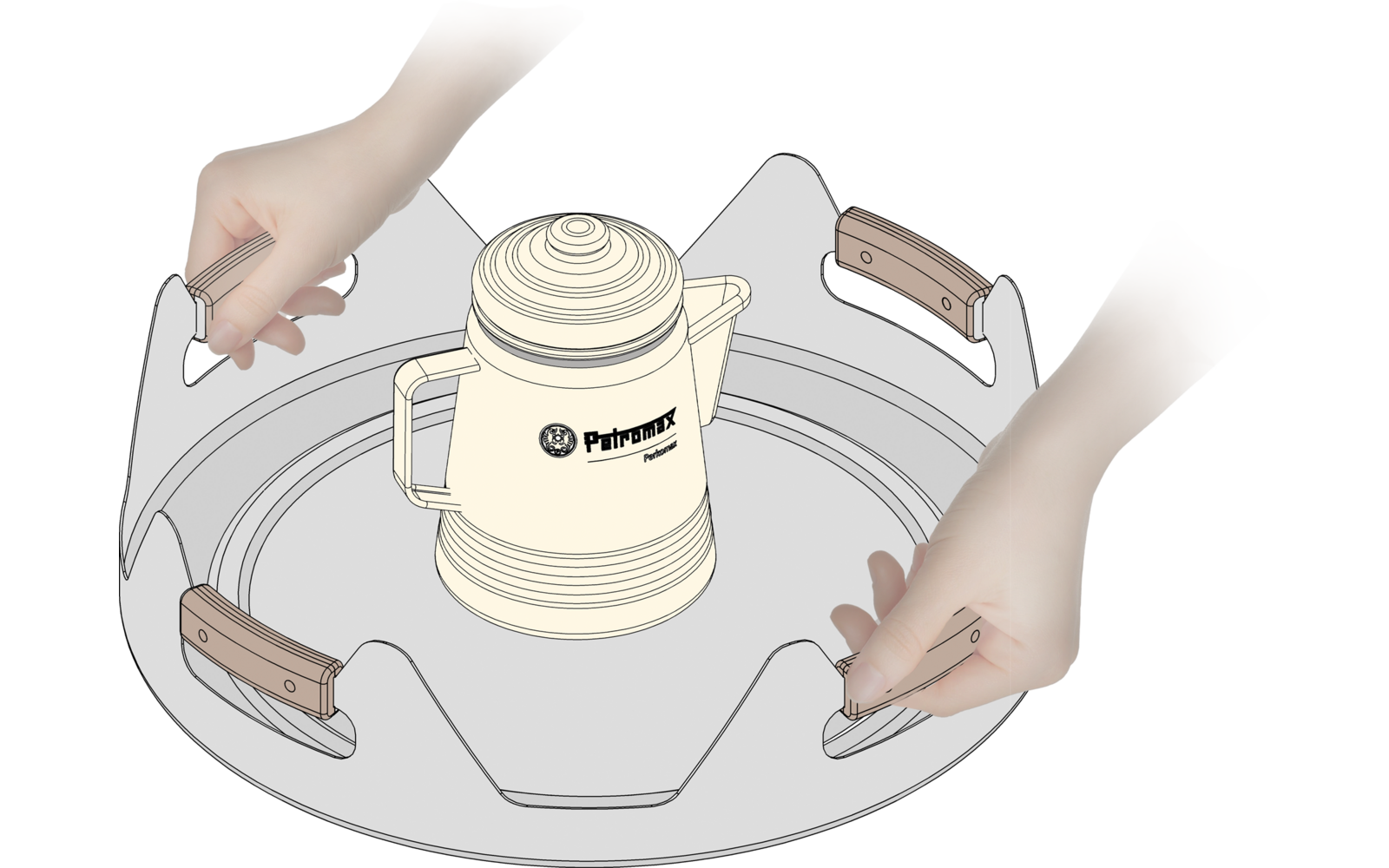 Rundes Metalltablett mit vier Holzgriffen am Rand, in der Mitte eine cremefarbene Thermoskanne mit schwarzem Aufdruck, zwei Hände halten das Tablett